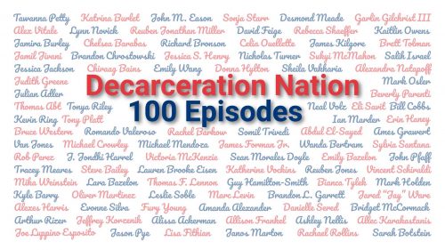 An Image listing all of the guests over the first 100 episodes of the Decarceration Nation Podcast