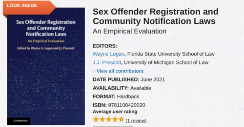 The cover of the book Sex Offender Registration and Community Notification Laws by JJ Prescott and Wayne Logan, the book was discussed during Episode 130 of the Decarceration Nation Podcast